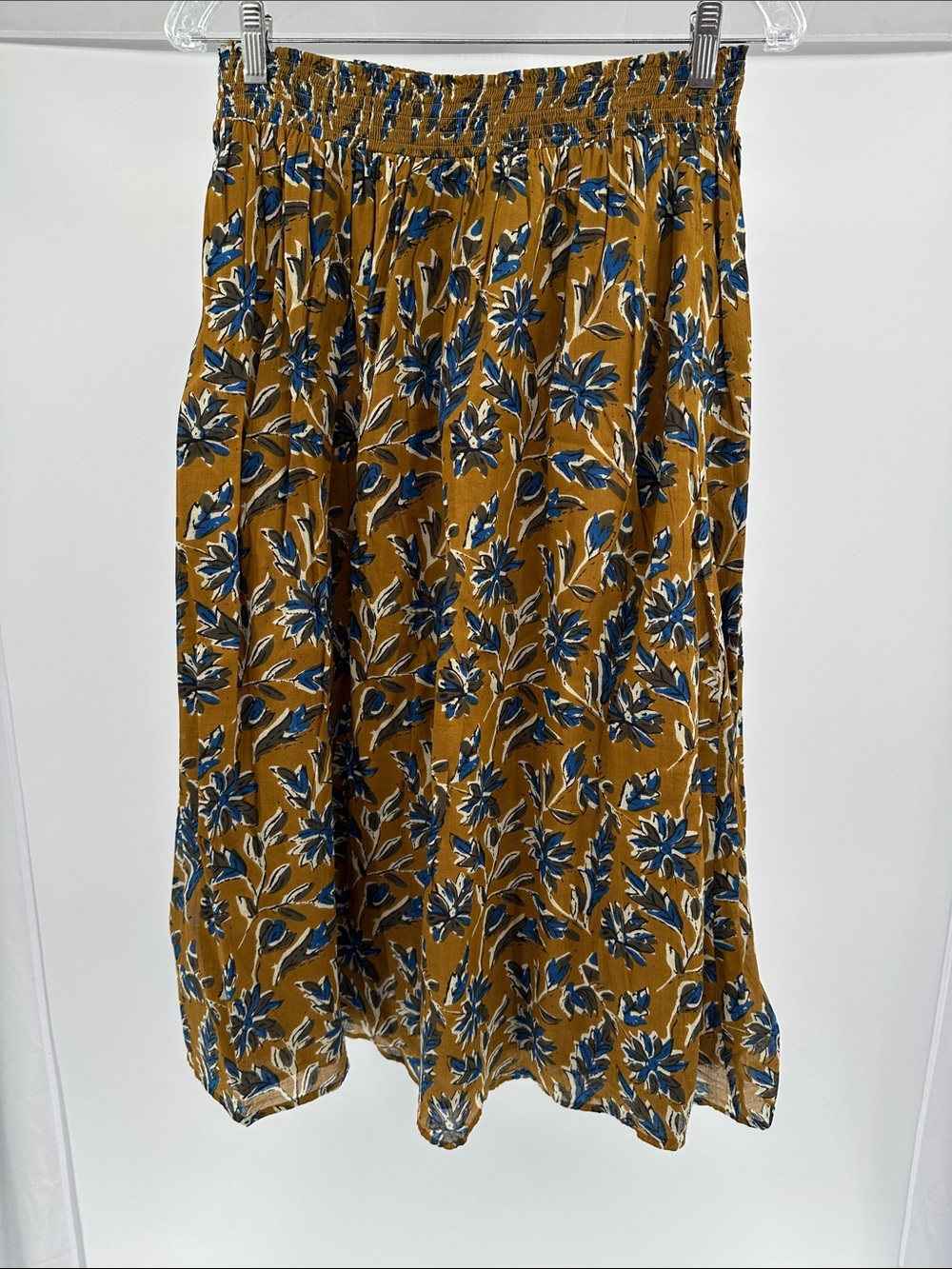 NATURAL LIFE Mustard Floral Midi Skirt with Blue Accents